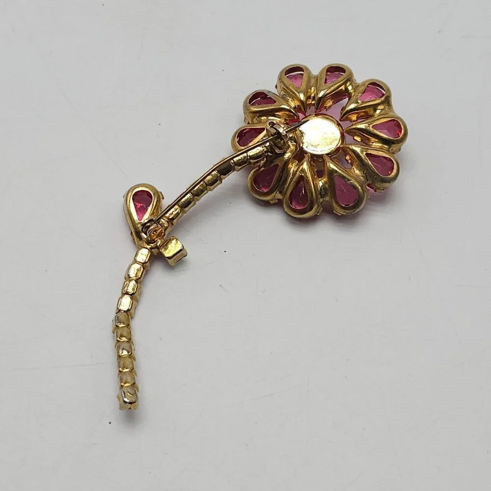 Vintage Juliana Pink Rhinestone Flower Brooch Pin Gold Tone Open Backing 3.5in